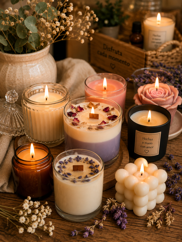 Variedad de velas artesanales aromáticas
