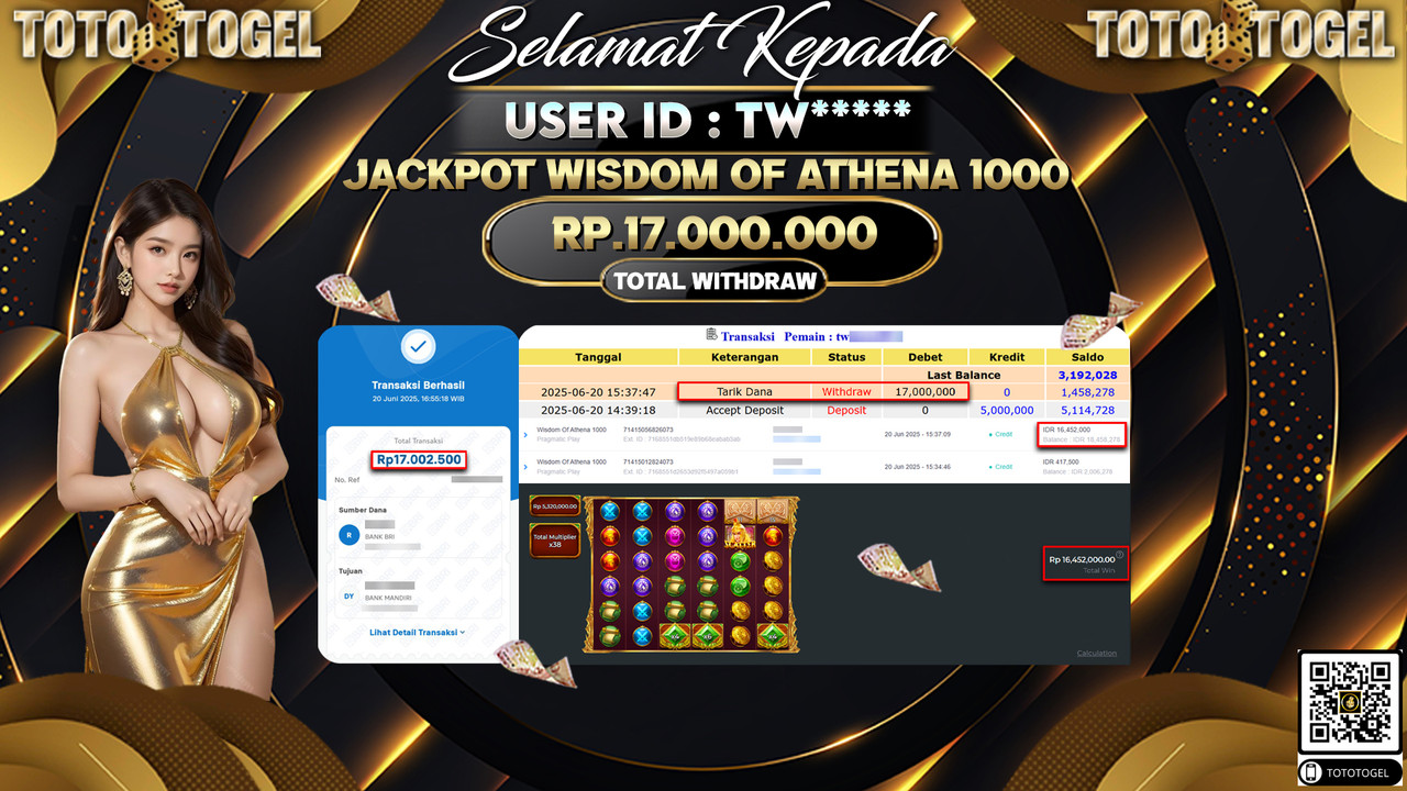 Bukti Pembayaran Jackpot Permainan Slot Wisdom Of Athena 1000 ID:TW***** LUNAS