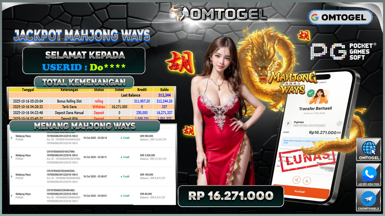 OMTOGEL JACKPOT PGSOFT MAHJONG WAYS 16 JUTA DI BAYAR LUNAS ,-