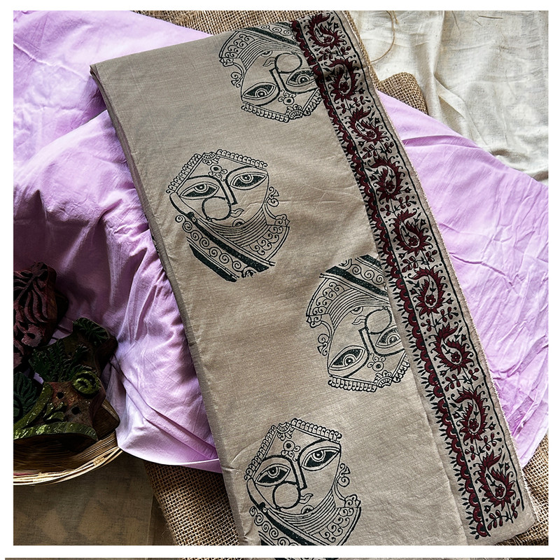 Hand Block Printed Biege Chanderi Silk Kurti Material with Lady Face
