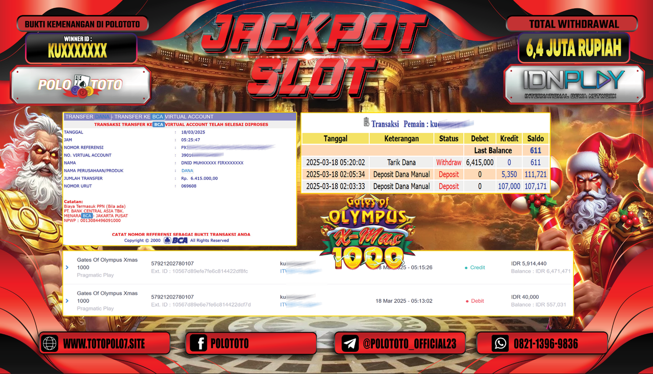 POLOTOTO JACKPOT SLOT GATES OF OLYMPUS XMAS 1000 Rp.6.415.000,-