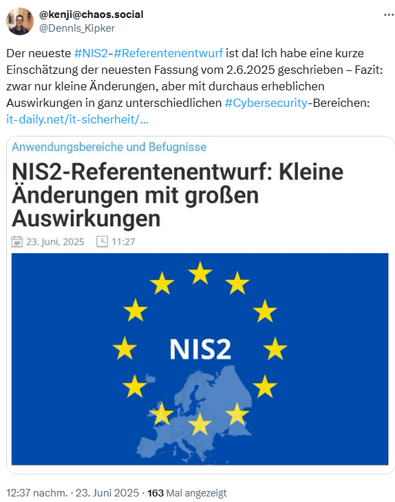 NIS-2 Referentenentwurf 6.2025 - Einschätzung