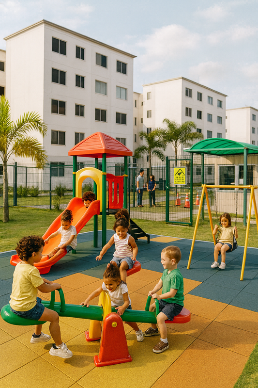 Crianças brincando com segurança no playground do condomínio