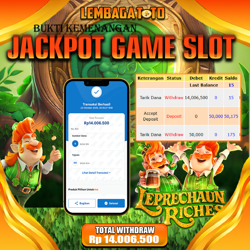 BUKTI JACKPOT 24 OCTOBER LEMBAGATOTO LEPRECHAN RICHES Rp.14.006.500,- LUNAS