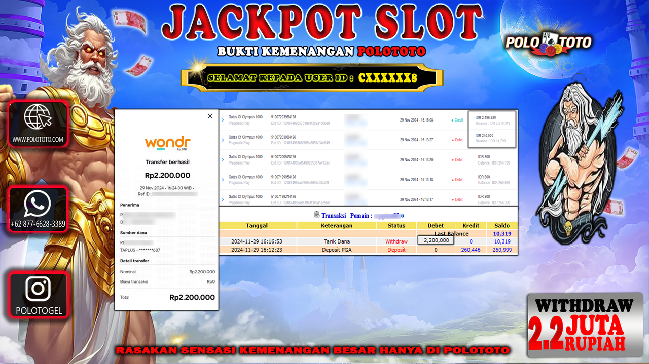 POLOTOTO JACKPOT SLOT GATES OF OLYMPUS 1000 Rp.2,200.000,-