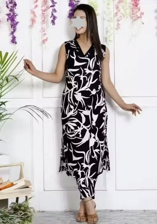 rayon printed sleeveless kurti pant set Color 1 (KS118)