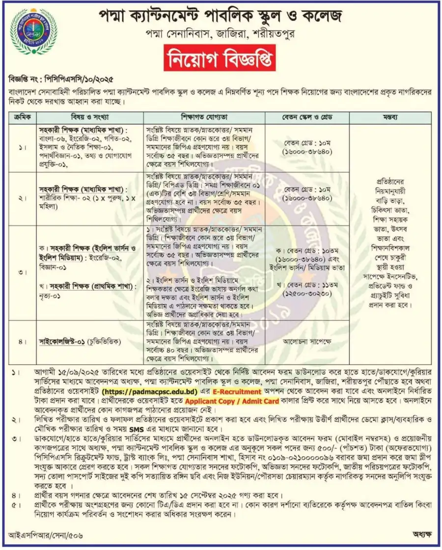Cantonment Public School & College Job Circular 2025