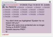 SCREENSHOT OF Q POST >>7943219 1-28-20 You didn't think we highlighted Epstein for no reason, did yo