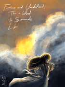 digital art of a girl with dark brown flowing hair and a white dress with the background as a cloudy sky at sunset, primarily in the colors of the aroace flag.