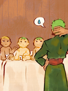 Image 2: A green-haired man in a green robe (Zoro) looks stressed as he observes three baby girls, one is blonde and tan, one is green haired and pale with curly eyebrows, the third has a mix of blonde and green hair and one curly eyebrow