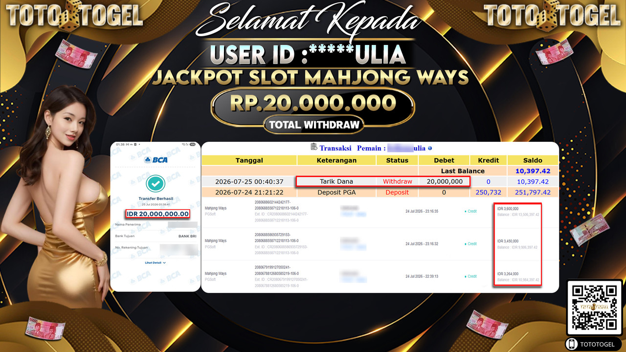 Bukti Pembayaran Jackpot SLOT MAHJONG WAYS ID:****ULIA LUNAS