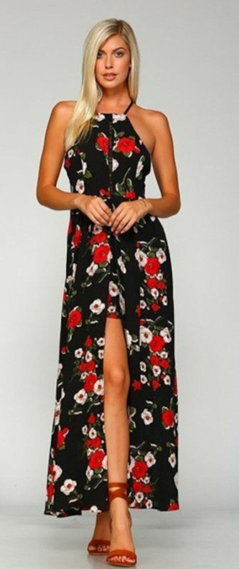 NEW STUNNING BLACK RED FLORAL HALTER MAXI SLIT LONG & SHORT SKIRT DRESS S M  L XL | eBay