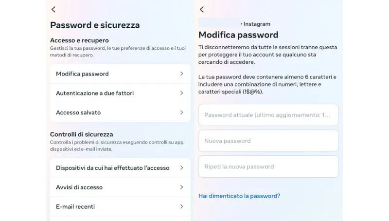 Schermata per cambiare password su Instagram e rimuovere app terze