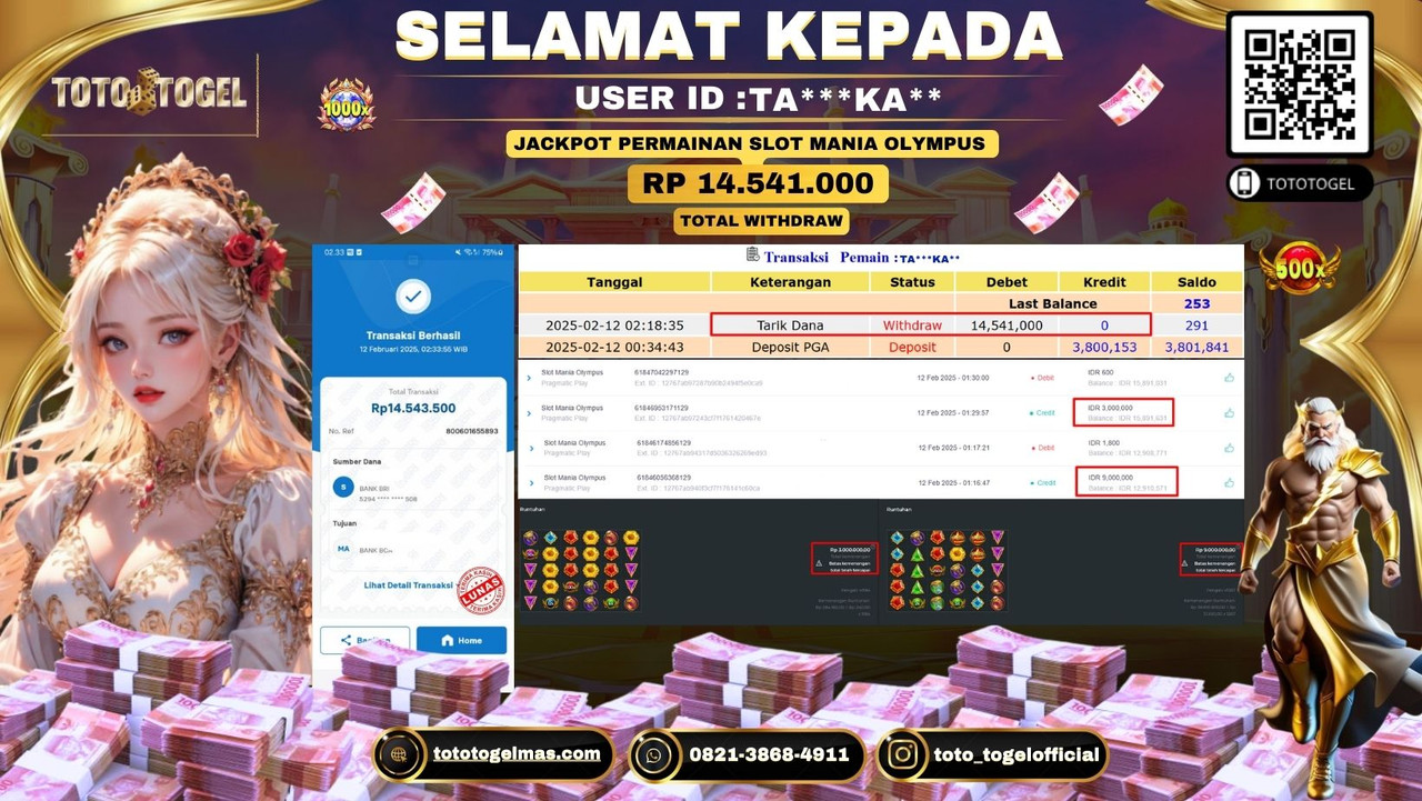 Bukti Pembayaran Jackpot  Permainan Slot Mania Olympus  ID: TA***KA** LUNAS