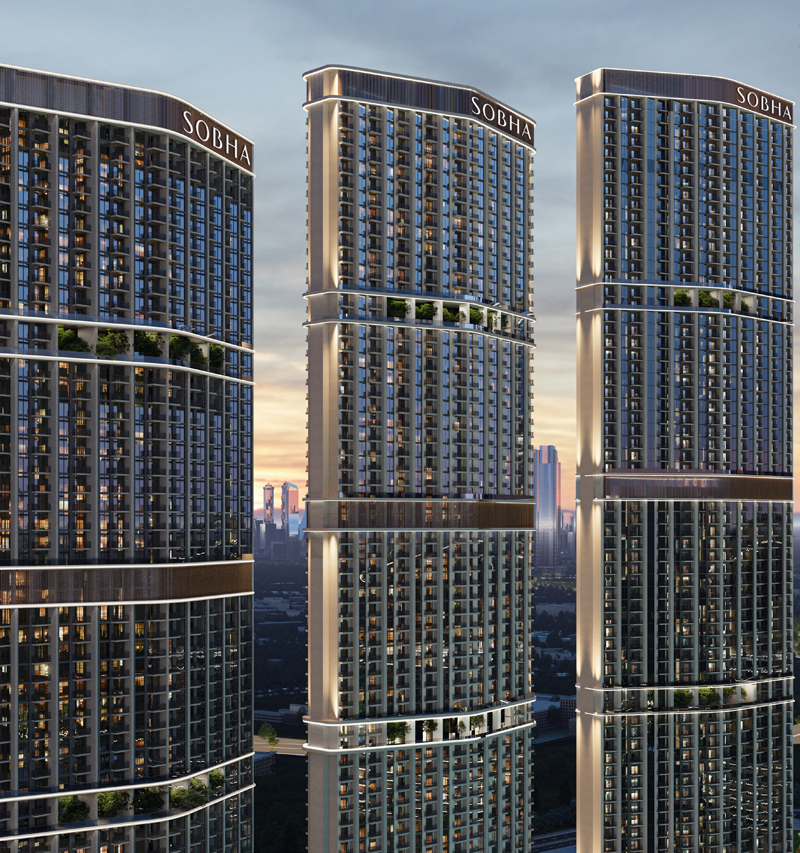 Exterior architectural rendering of 360 Riverside Crescent tower in Sobha Hartland II Dubai featuring modern waterfront skyscraper design, luxury residences and landscaped surroundings highlighting a premium Sobha development showcased as a Distress Deal investment opportunity