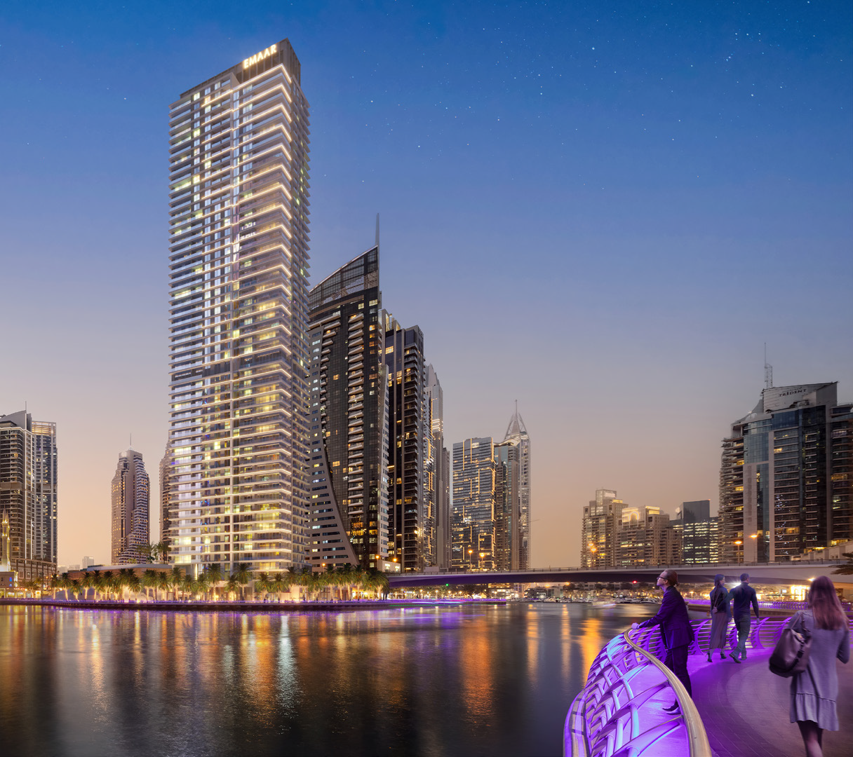Marina Shores Distress Deal luxury waterfront tower exterior in Dubai Marina with modern glass facade and skyline views