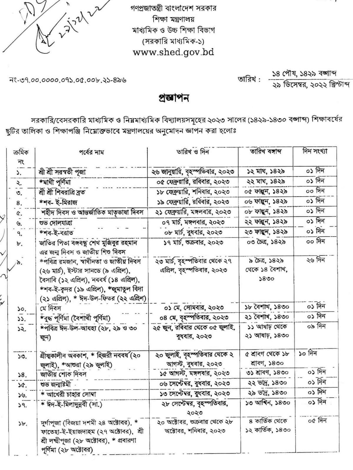 মাধ্যমিক বিদ্যালয়ের ছুটির তালিকা ২০২৩(School Chutir Talika Updated!)