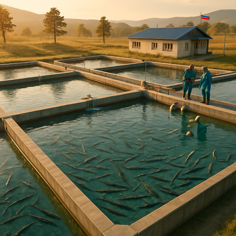Аквакультурная ферма с бассейнами для осетровых в российском регионе