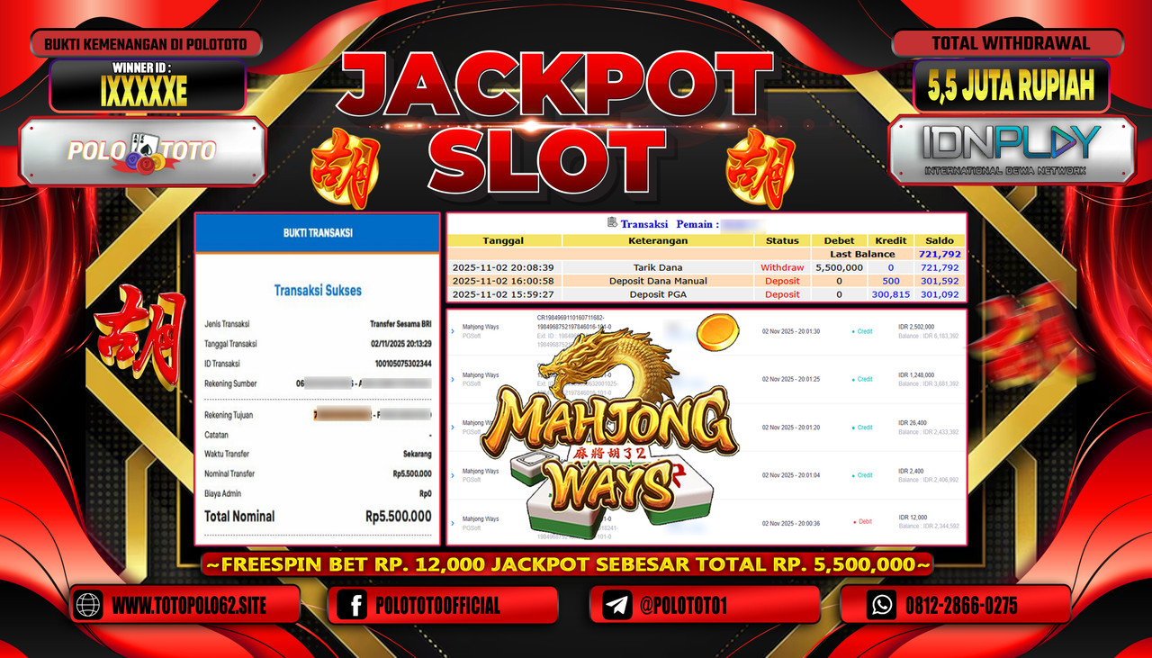 POLOTOTO JACKPOT SLOT MAHJONG WAYS Rp.5.500.000,- LUNAS