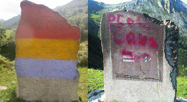 Monolito dedicado a la Legión Cóndor y el homenaje a los republicanos, con sus respectivas pintadas