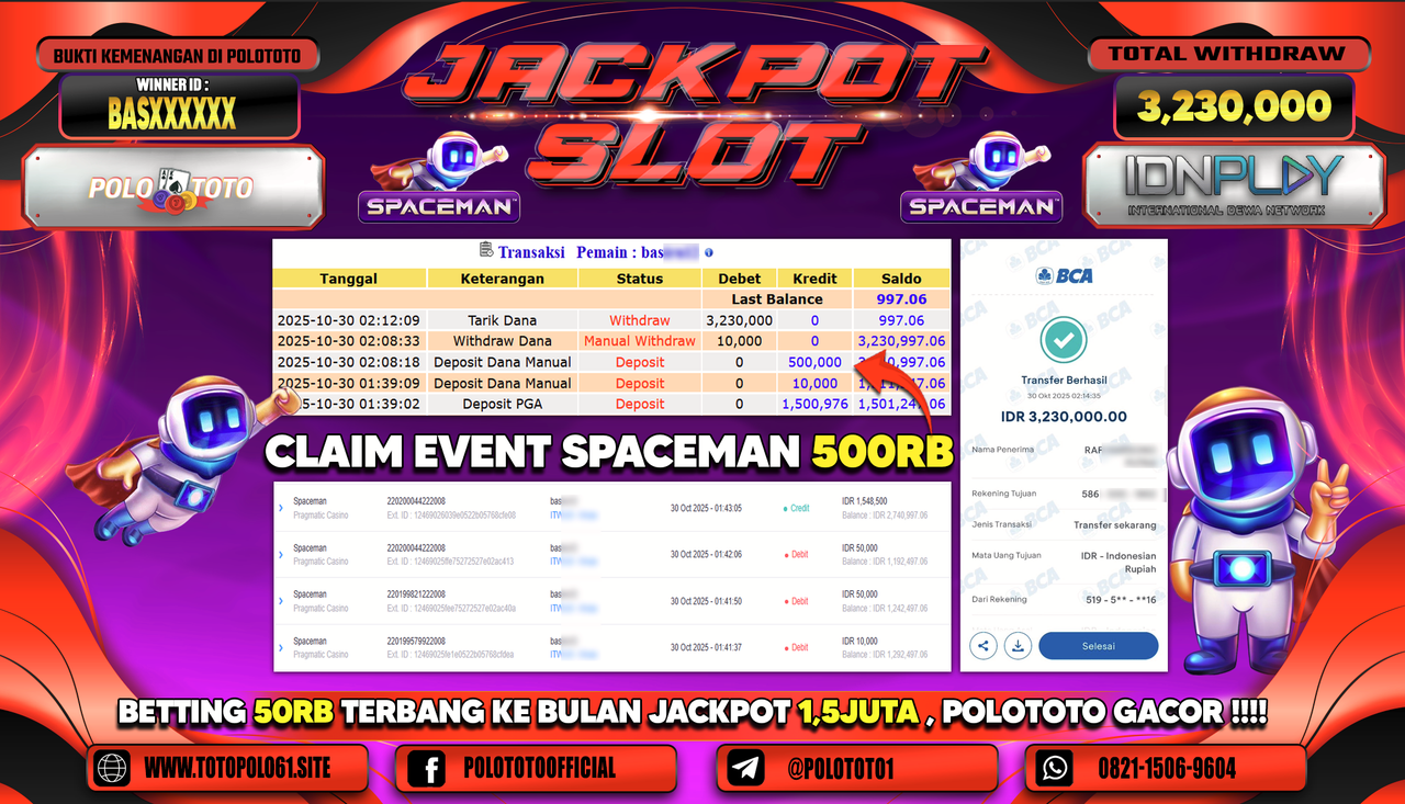 POLOTOTO JACKPOT SLOT SPACEMAN Rp.3.230.000,- LUNAS