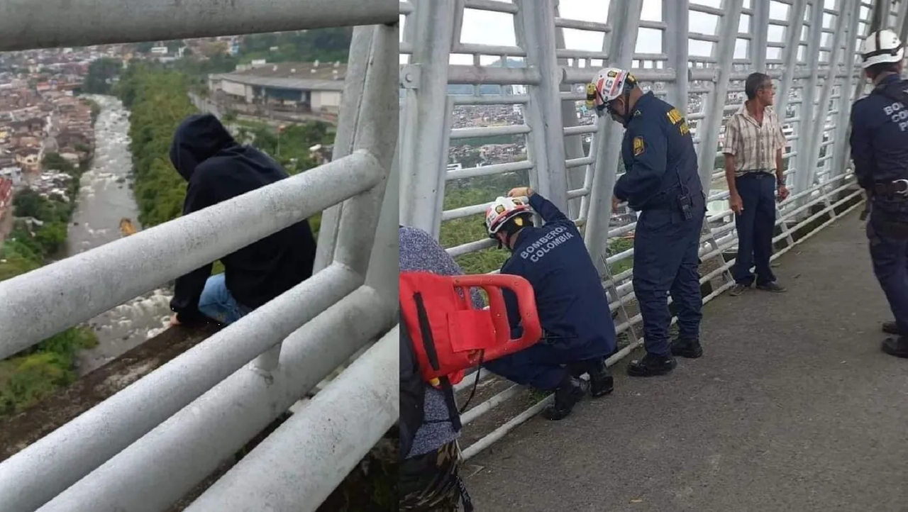 Bomberos de Colombia evitan suicidio, un hombre estaba por lanzarse de un puente