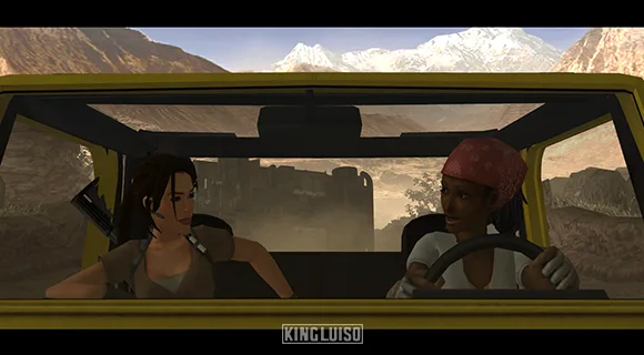 Lara y Anaya reunidas de nuevo tras derrotar a los mercenarios de Ruthland. Lara Croft y Anaya Imanu mirándose con regocijo tras a haber eliminado a los mercenarios de Ruthland bloqueando la carretera con uno de sus convoyes en Perú