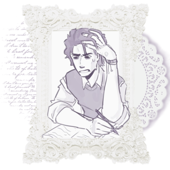 Art by holografrick on tumblr. The image contains Mischa Bachinski from Ride the Cyclone. He seems distressed while looking down at a book. He's holding it down with his right hand. He is gripping his hair with his left hand, holding a pencil.