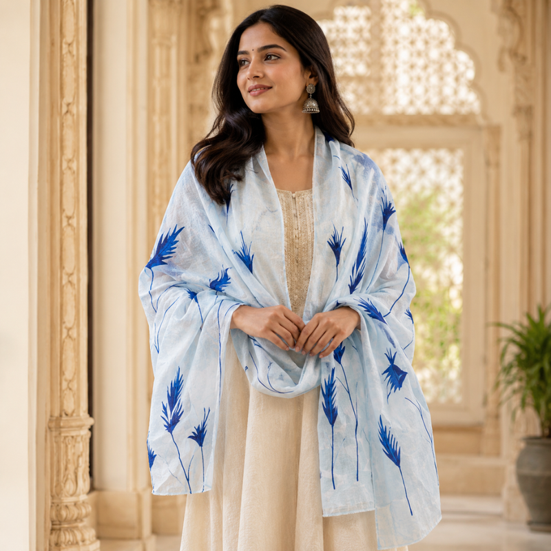 Blue Breeze Fabric Painted Cotton Stole