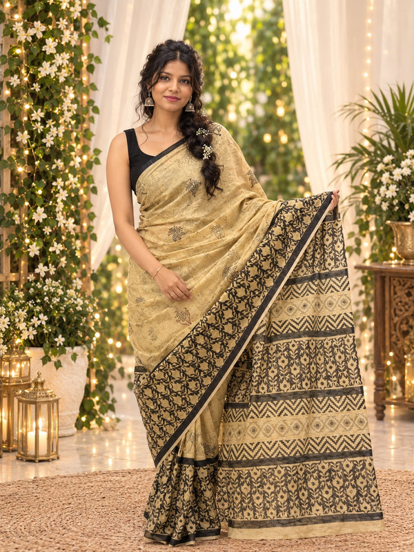 Handblock Printed Chanderi Saree | Sheer, Lightweight & Gracefully Textured Design - 1
