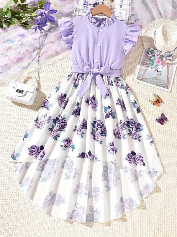 Flower Gown Elegant Floral Fit Dress for Girls with Belt