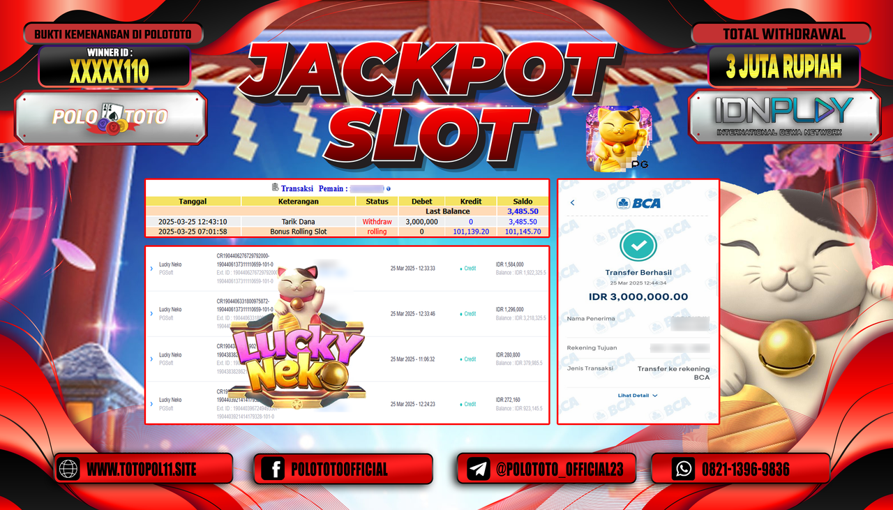 POLOTOTO JACKPOT SLOT LUCKY NEKO Rp.3.000.000,-