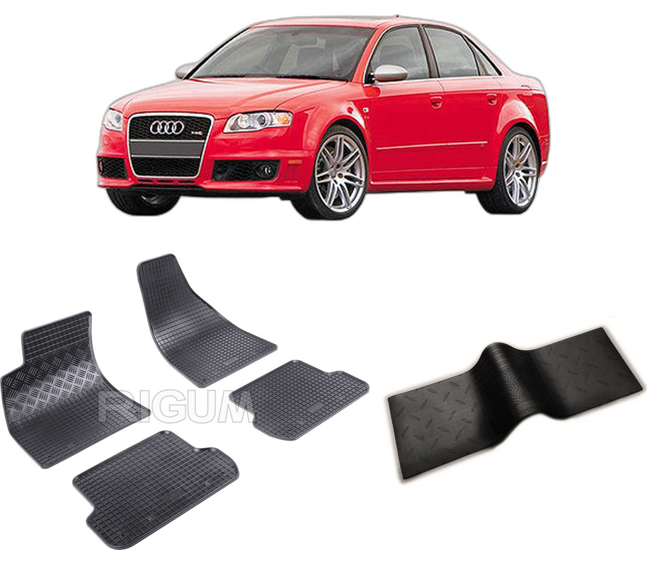 Set covorase auto AUDI A4 B7 din 11.2004-10.2007, cu covoras tunel median, CAROSERIE SEDAN, Presuri cauciuc 100%, compatibil cu autoturismul AUDI A4 B7, Rigum