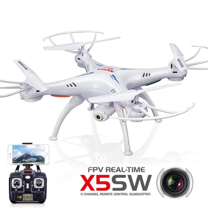 Drone Syma X5SW de color blanco con cámara HD y protectores de hélice.