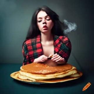 Woman in plaid with pancakes