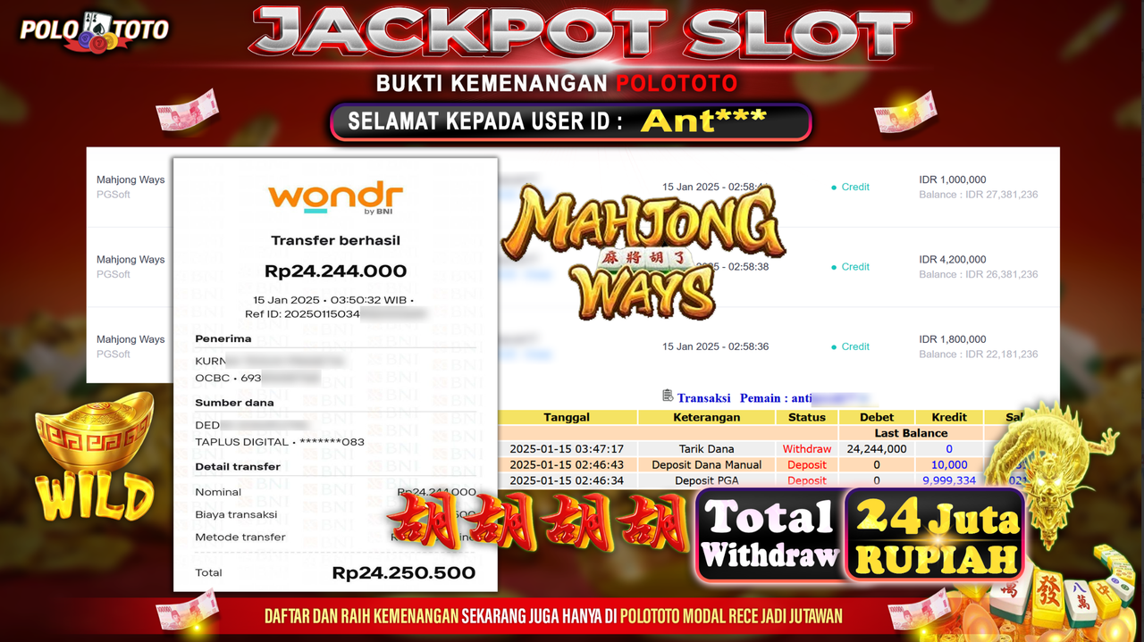 POLOTOTO JACKPOT SLOT MAHJONG WAYS Rp.24,244.000,-