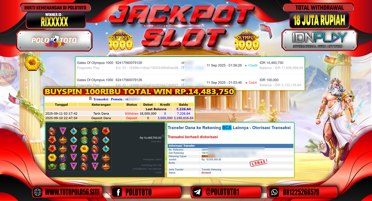 POLOTOTO JACKPOT SLOT GATES OF OLYMPUS 1000 Rp.18.000.000,-