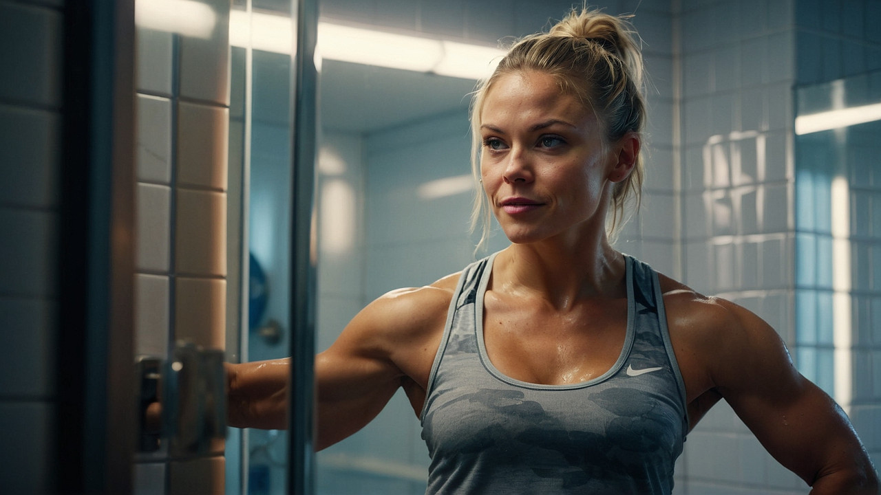 A-woman-flexes-her-bicep-in-front-of-a-bathroom-mirror