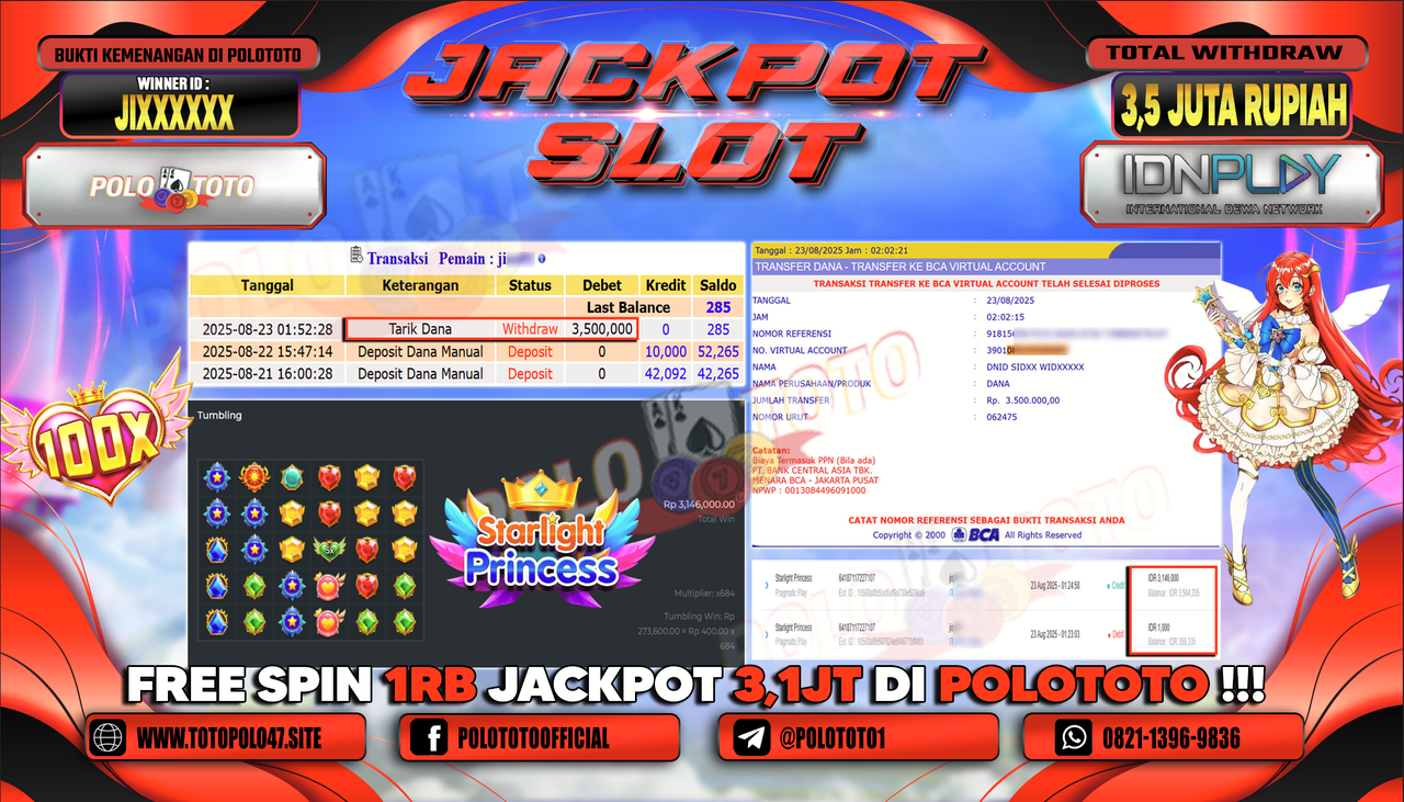 POLOTOTO JACKPOT SLOT STARLIGHT PRINCESS Rp.3.500.000,-