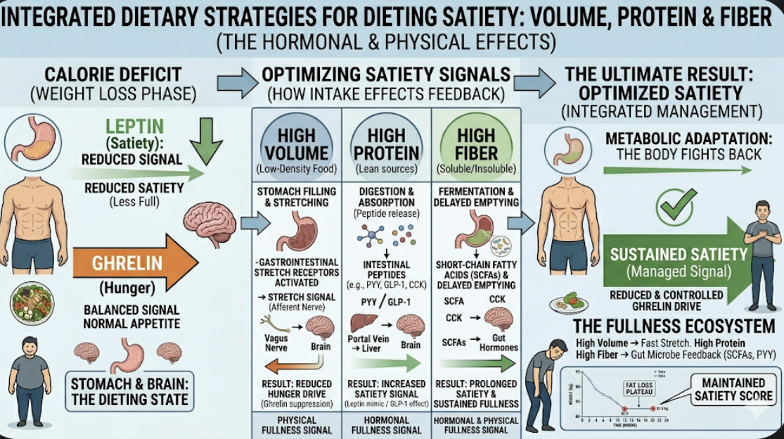 Infographic showing how volume, protein, and fiber affect satiety hormones and stomach fullness during dieting