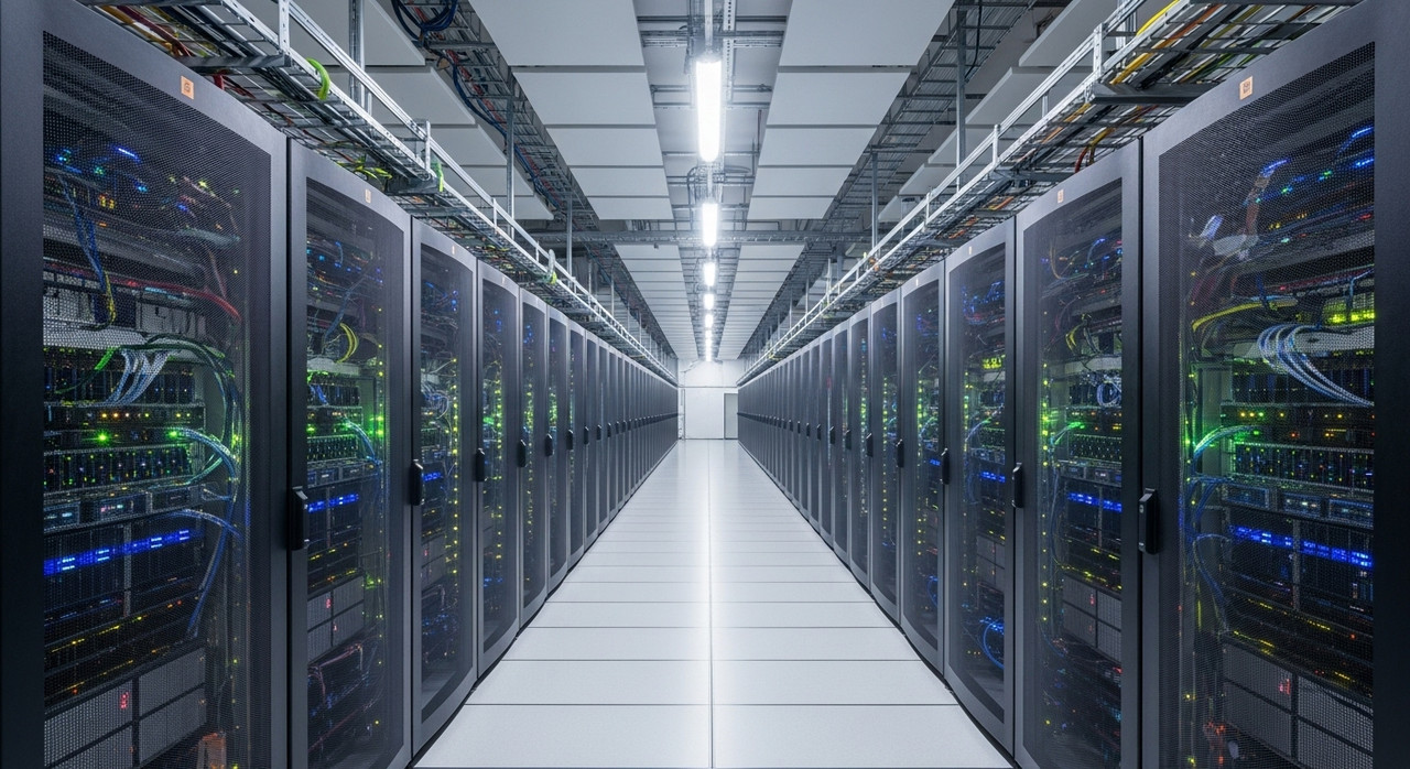 Interior of a modern data center with rows of servers.