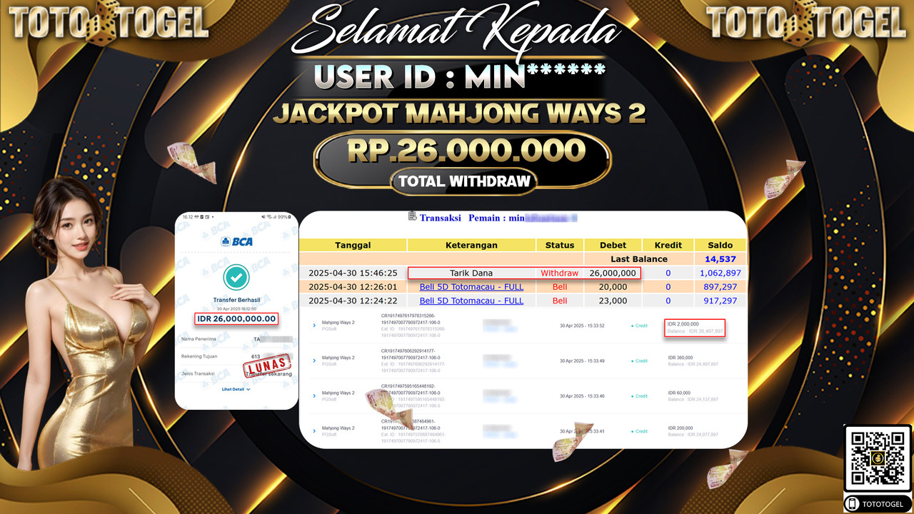 Bukti Pembayaran Jackpot  Permainan Slot Mahjong Ways 2 ID:MIN***** LUNAS