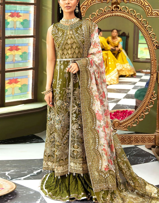 Luxurious Heavy Embroidered Organza Bridal Mehndi Dress 2025