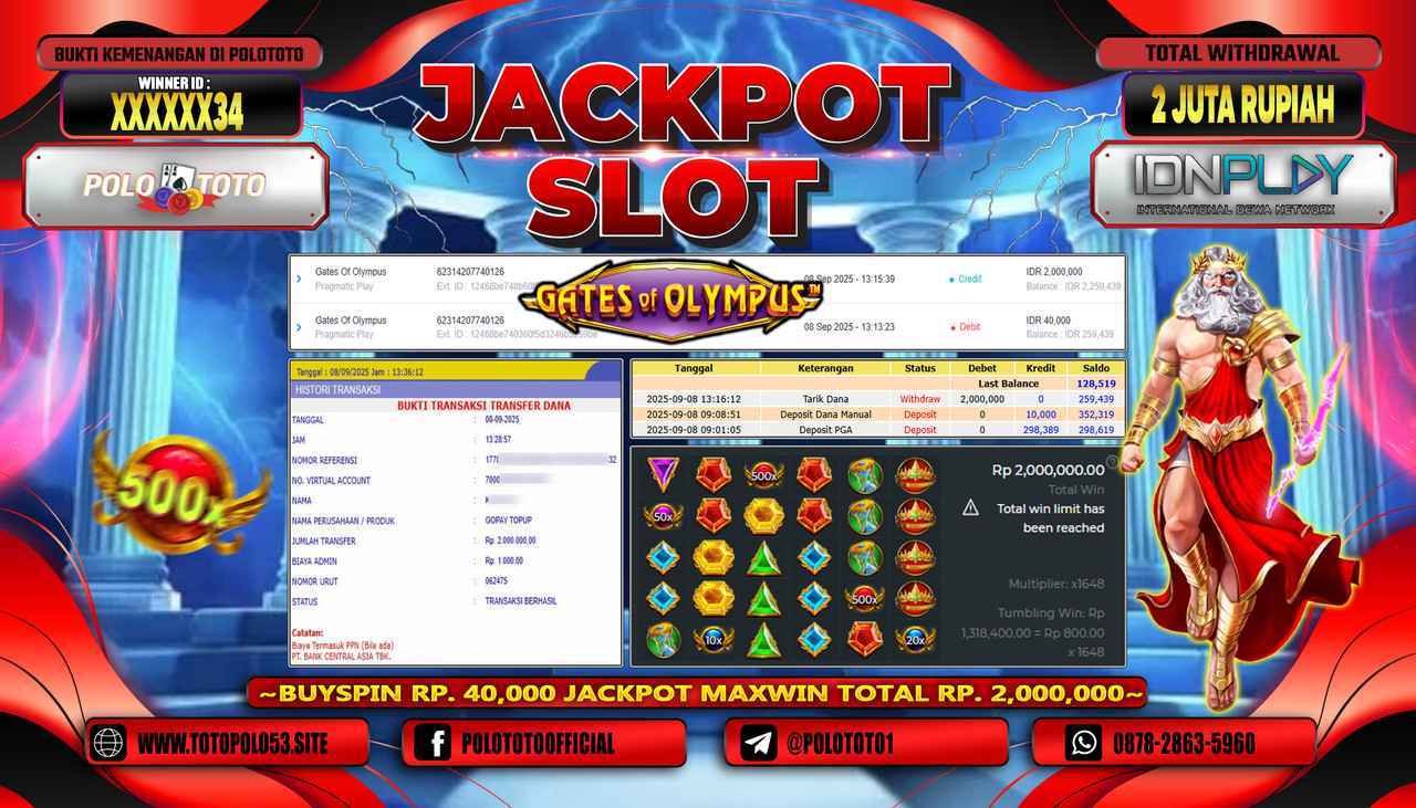 POLOTOTO JACKPOT SLOT GATES OF OLYMPUS Rp.2.000.000,- LUNAS