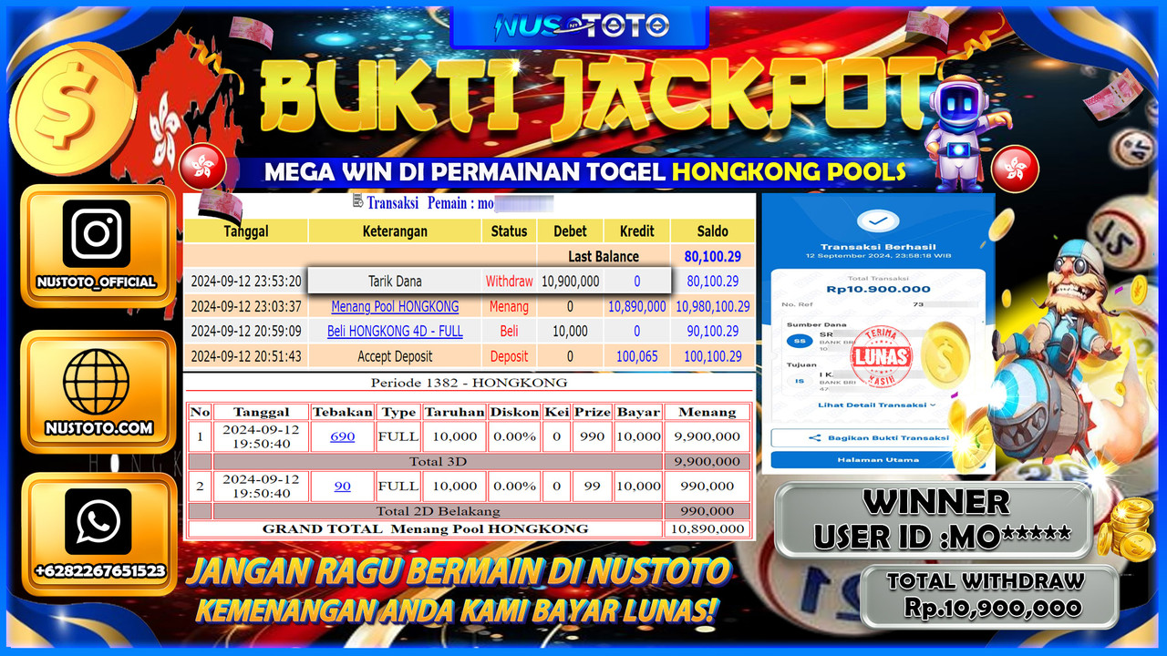 JACKPOT !! MENANG BESAR DI PASRRAN HONGKONG  POOLS  Rp. 10.900.000 LANGSUNG DI BAYAR LUNAS NUSTOTO !!