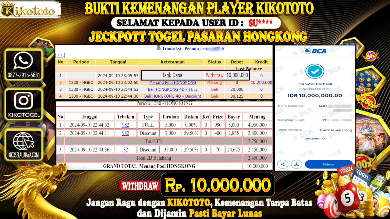 JECKPOT !!  MENANG BESAR DI TOGEL  PASARAN HONGKONG SEBESAR Rp 10,000,000 LANGSUNG DAN TANPA BASA BASI DI BAYAR KIKOTOTO !!!