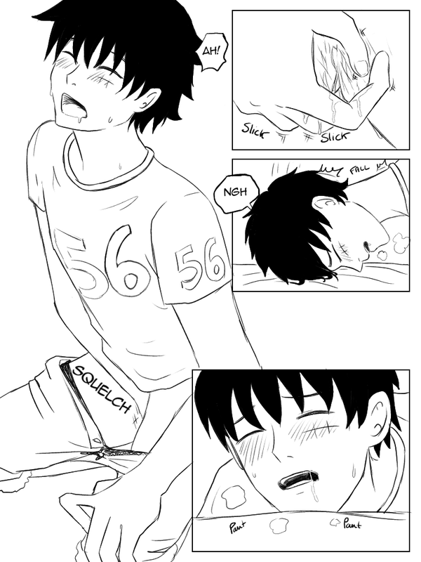 Page 6. Luffy lets go and gives in to the pleasure, his head falling back onto the mattress.