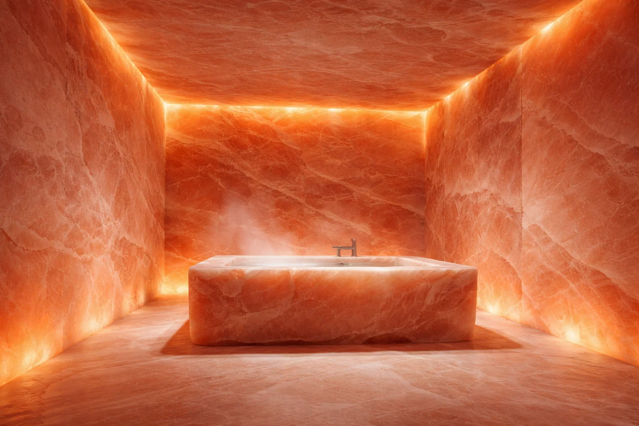 Luxury bathroom concept with onyx surfaces and warm glow.