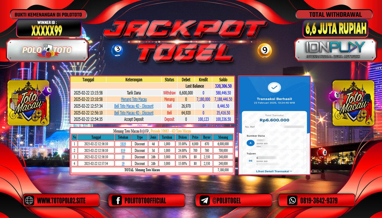 POLOTOTO JACKPOT TOGEL TOTO MACAU 4D Rp.6.600.000,-