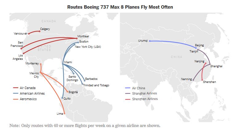 Rute Boeing 737 Max 8 dengan rute terbanyak (lebih dari 40 penerbangan per minggu)